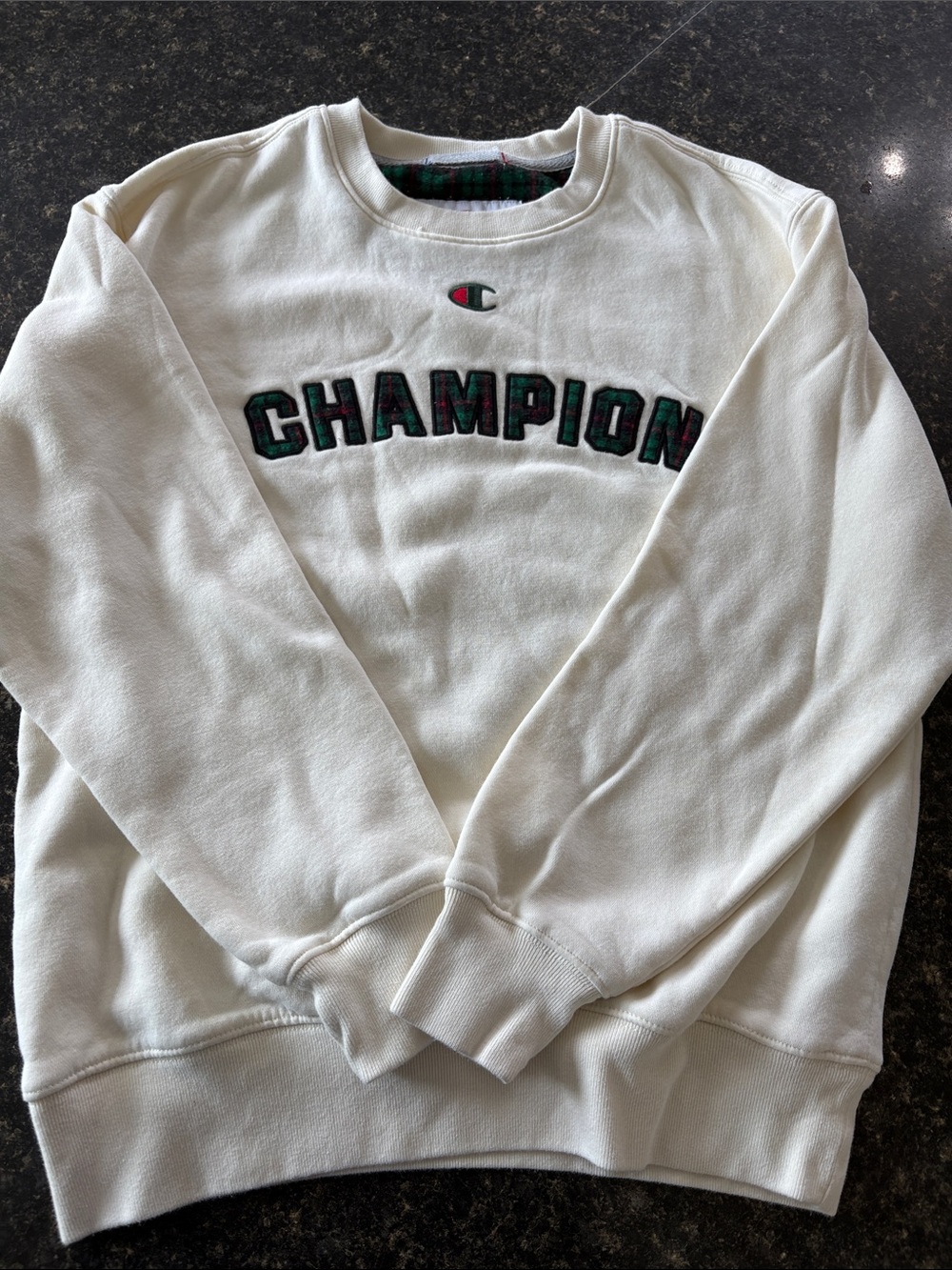 Champion White Crewneck Sweatshirt with Green & Red Embroidered Logo